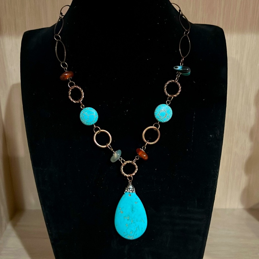 Southwestern Howlite Large Pendant Necklace with Carnelian and Jade Accents
